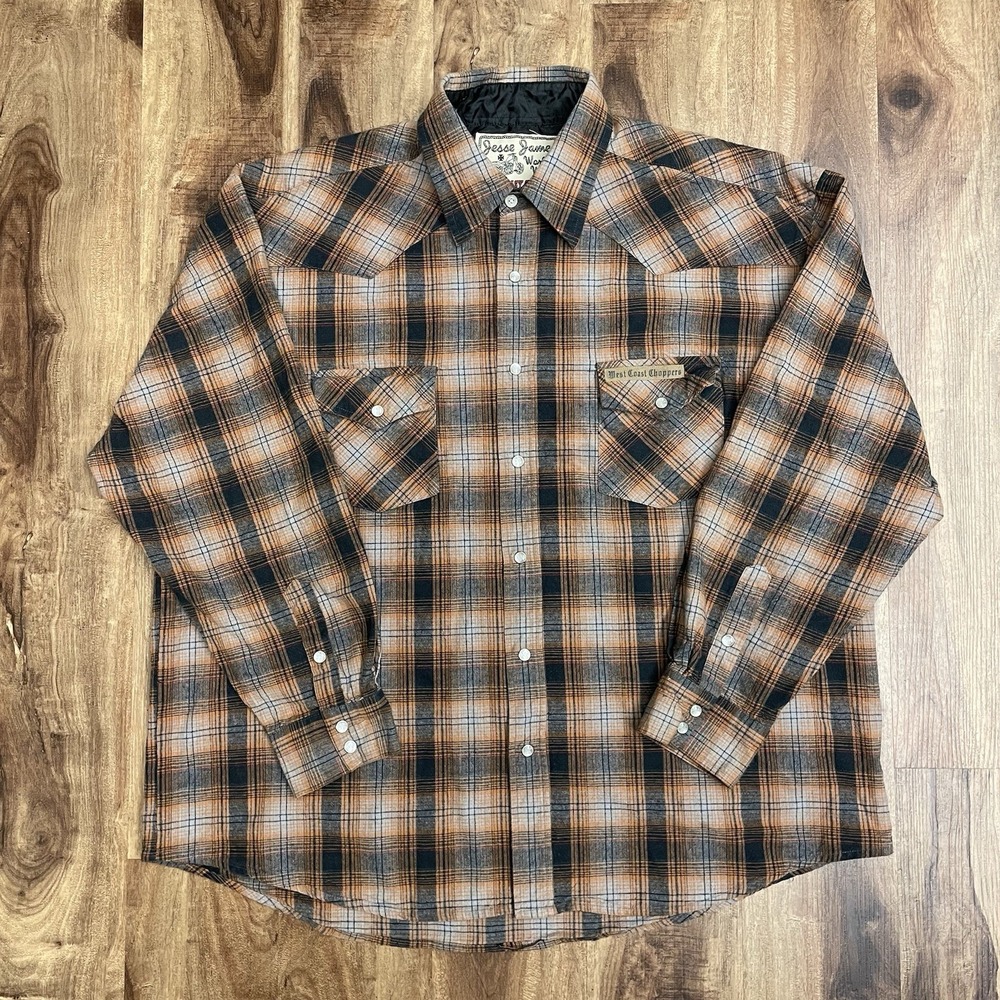 Jesse James Work Wear West Coast Choppers Orange Flannel Mens XL Button Up